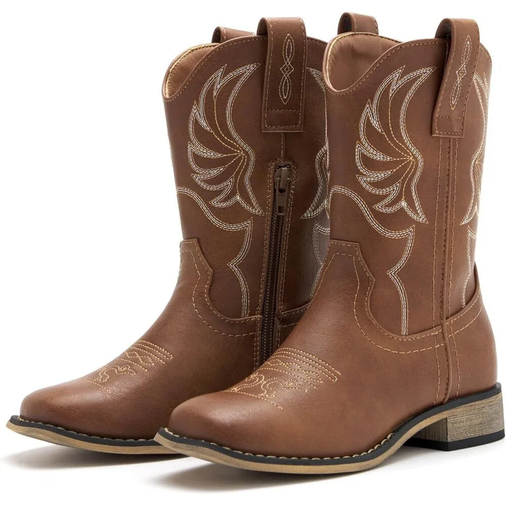 ⚡Girls Brown Embroidered Cowgirl Boots Western Square Toe Mid Calf Riding Shoes